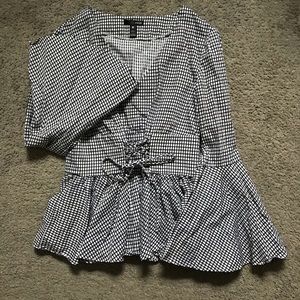 Aqua bell sleeve plaid blouse